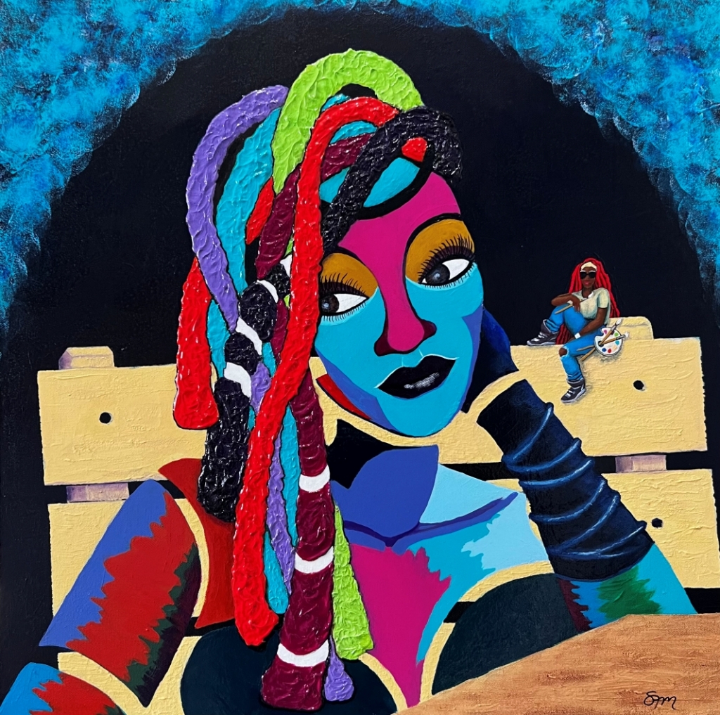 Paper Doll and Live Girl on Bench, acrylic on 25x25 gallery wrap canvas