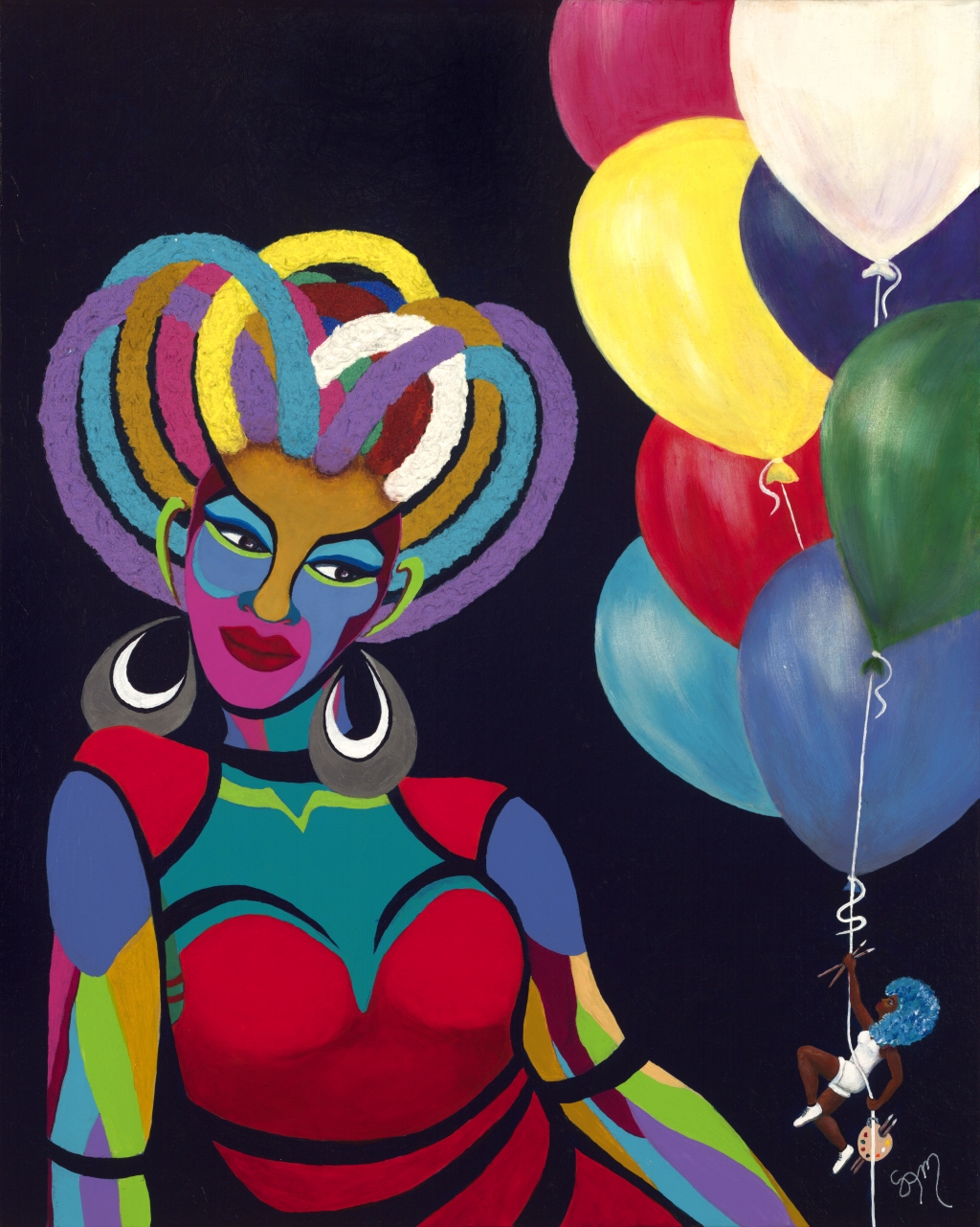 Paper Doll and Live Girl with Balloons, acrylic on 24x30 gallery wrap canvas