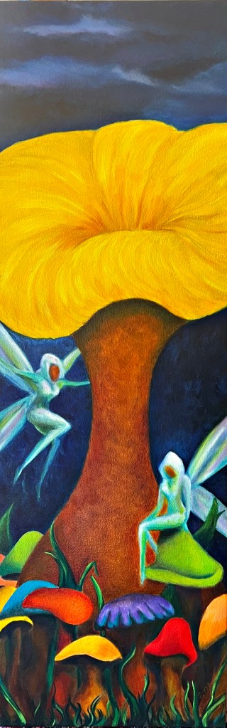 Fairies in a Mushroom Garden, oil on 12x24 gallery canvas