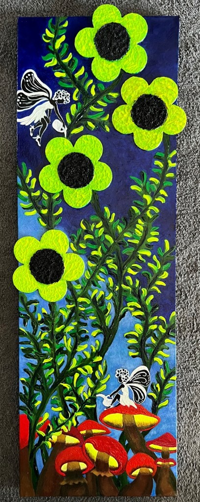 Fairies in a Mushroom Garden II, acrylic on 12x24 canvas