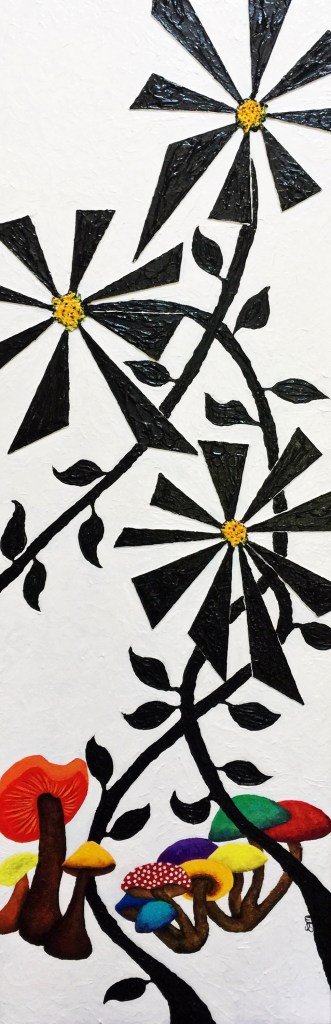 Mushrooms and Geo-Blooms, acrylic on 12x24 canvas